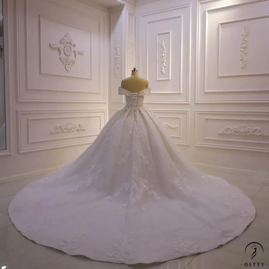 Luxury beading Appliques Short Sleeve Wedding Dress With Train
