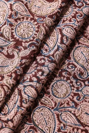 Maroon And Light Beige Paisley Pattern Handblock Kalamkari Organic Cotton Fabric