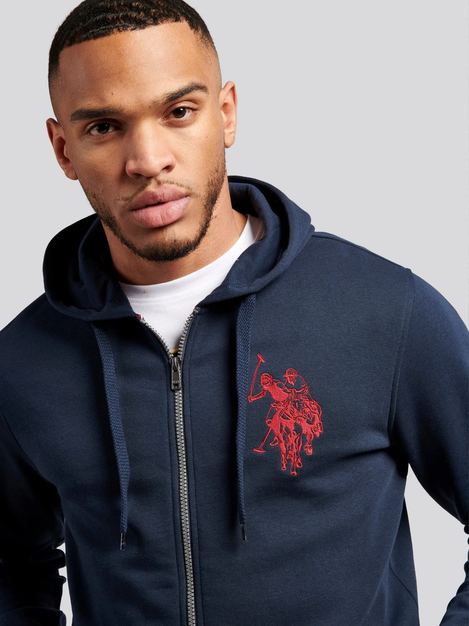 Mens Double Horsemen Zip-through Hoodie in Navy Blue