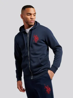 Mens Double Horsemen Zip-through Hoodie in Navy Blue
