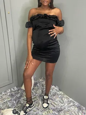 Momnfancy Black Off Shoulder Ruffle Cap Sleeve Bodycon Elegant Cute Work Going Out Maternity Mini Dress