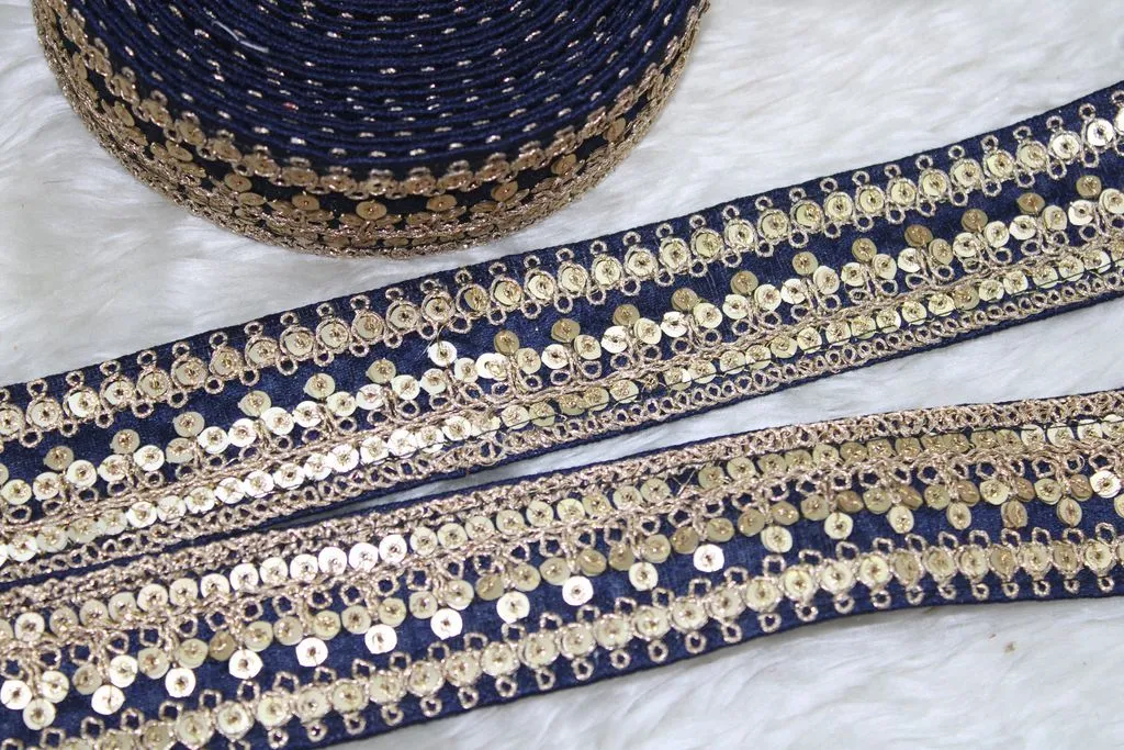 Navy Blue Designer Zari and Sequins Work Embroidered Border