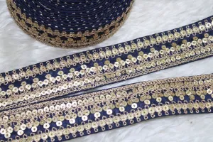 Navy Blue Designer Zari and Sequins Work Embroidered Border