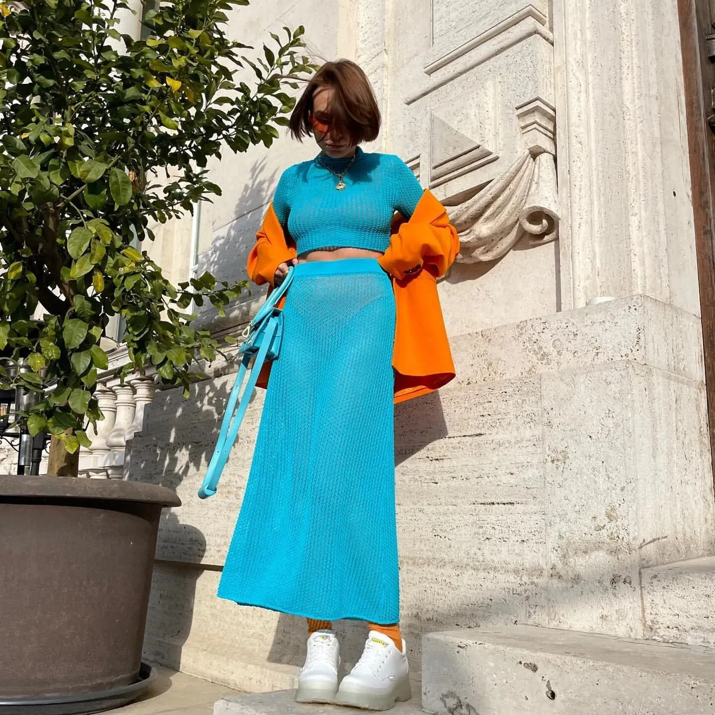 Neon Blue Knitted Long Sleeve Crop Top   High Waist Bodycon Maxi Skirt 2-Piece Set
