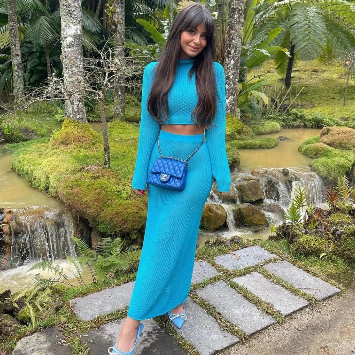 Neon Blue Knitted Long Sleeve Crop Top   High Waist Bodycon Maxi Skirt 2-Piece Set