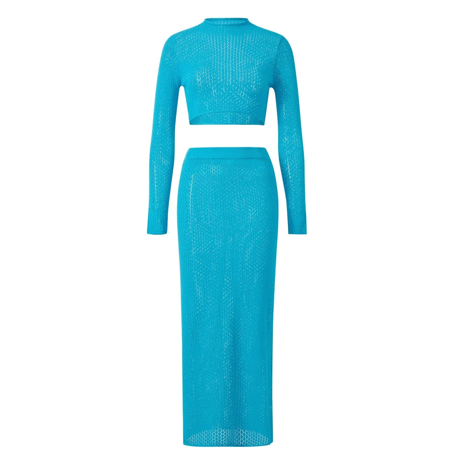 Neon Blue Knitted Long Sleeve Crop Top   High Waist Bodycon Maxi Skirt 2-Piece Set