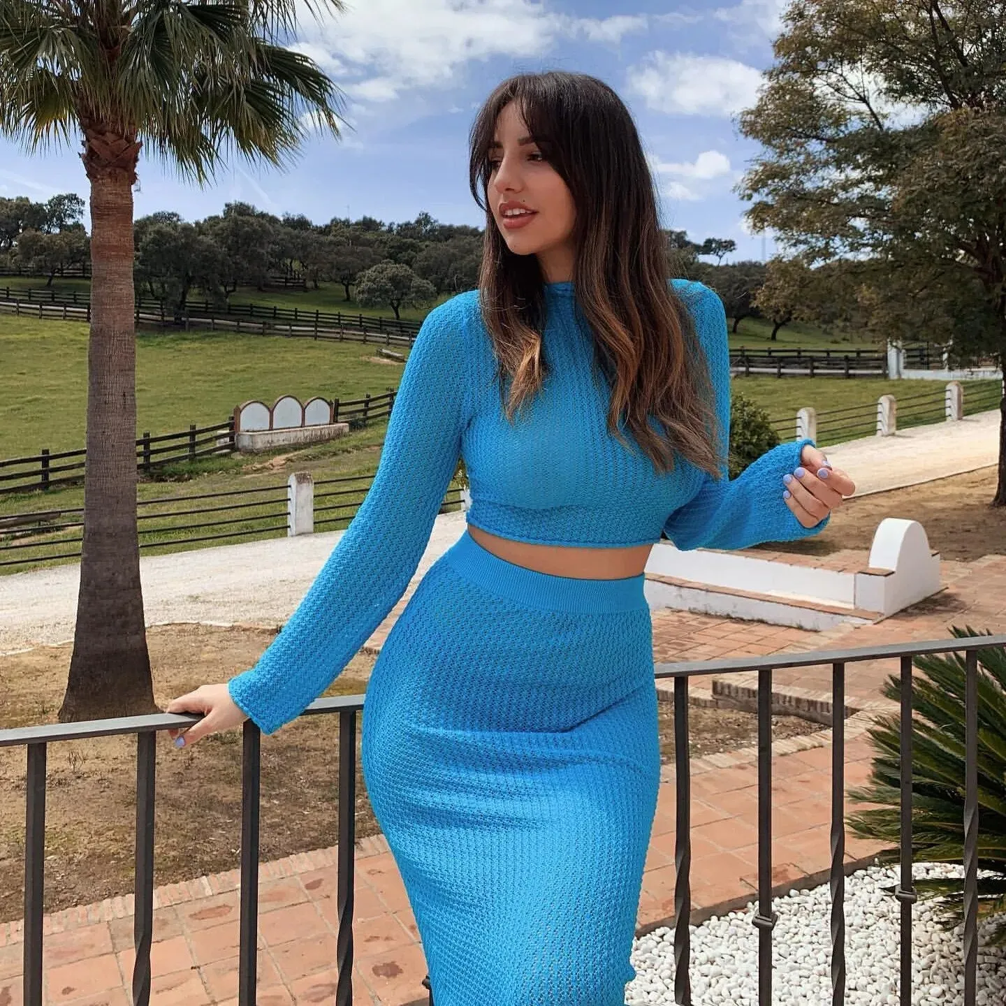 Neon Blue Knitted Long Sleeve Crop Top   High Waist Bodycon Maxi Skirt 2-Piece Set