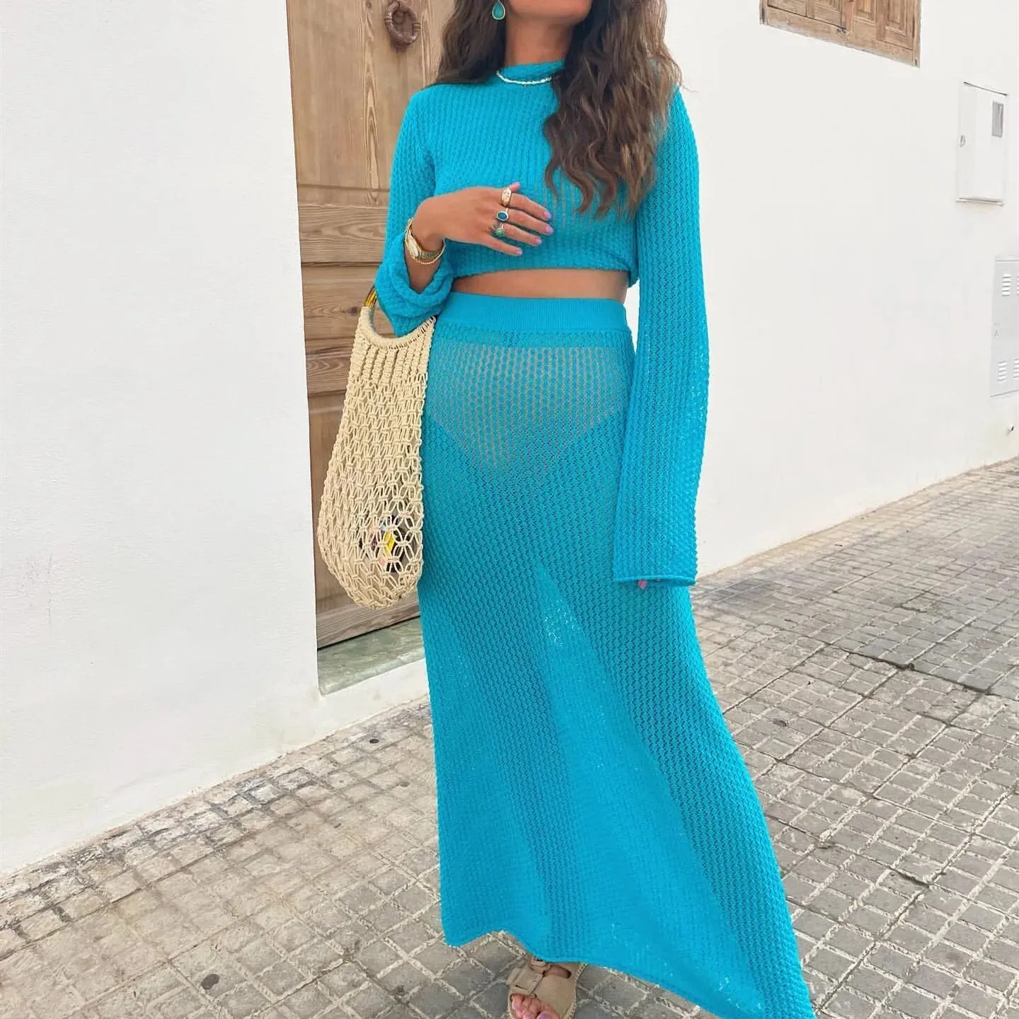 Neon Blue Knitted Long Sleeve Crop Top   High Waist Bodycon Maxi Skirt 2-Piece Set