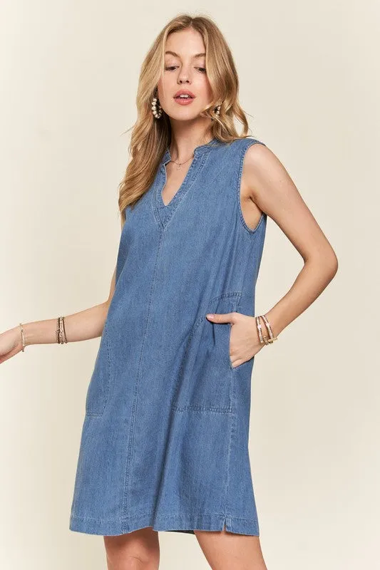 Notched Sleeveless Denim Dress