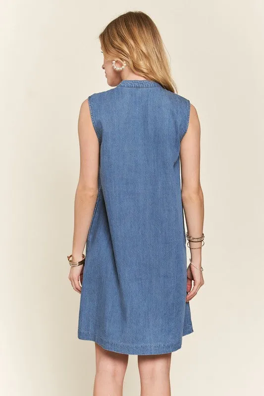Notched Sleeveless Denim Dress