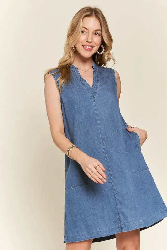 Notched Sleeveless Denim Dress