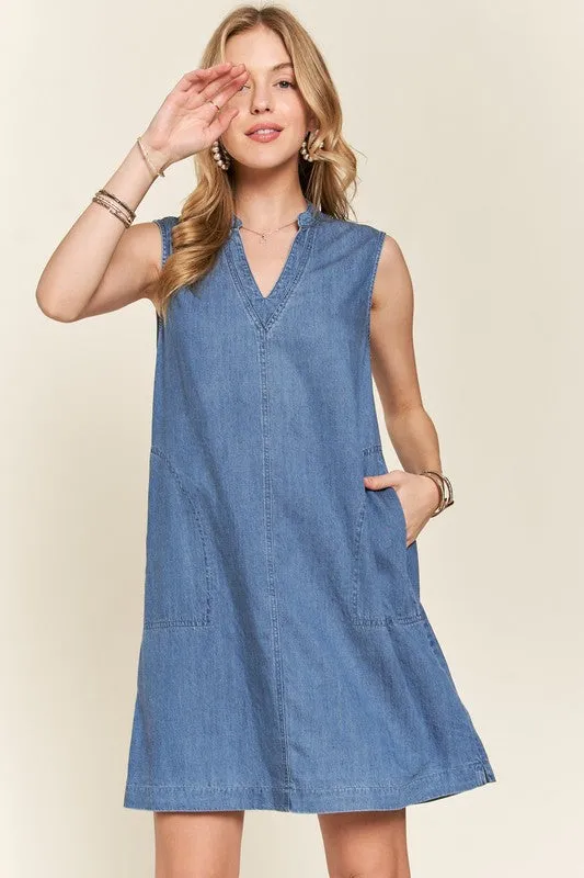 Notched Sleeveless Denim Dress