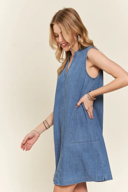 Notched Sleeveless Denim Dress
