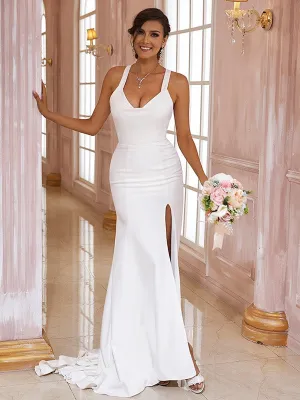 Numbersea Sheath Column Stretch Crepe Bowknot V-neck Sleeveless Sweep/Brush Train Wedding Dresses