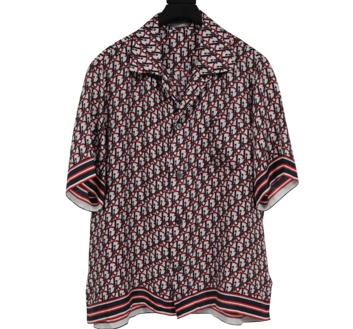 Oblique Logo Button Down Shirt IT 40 Blue Red White Silk Bowling Short