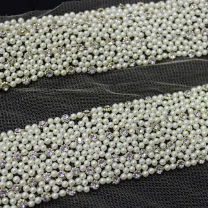 Off White Pearl Work Embellished Handwork Trim (Wholesale)