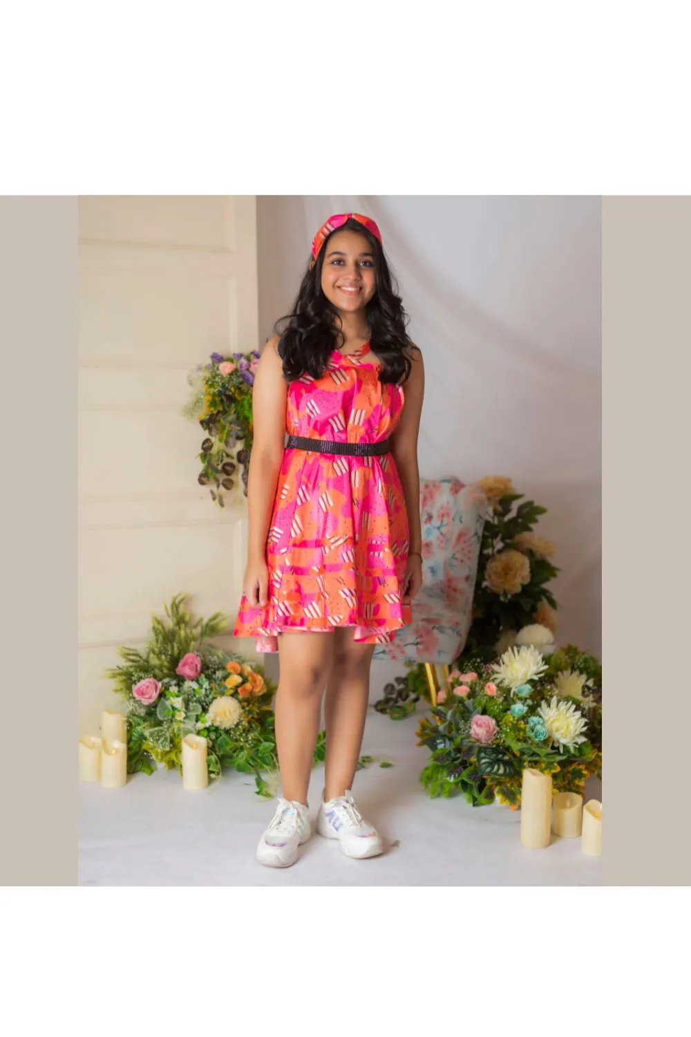 Pink Candy Printed Sleeveless Silk Dress