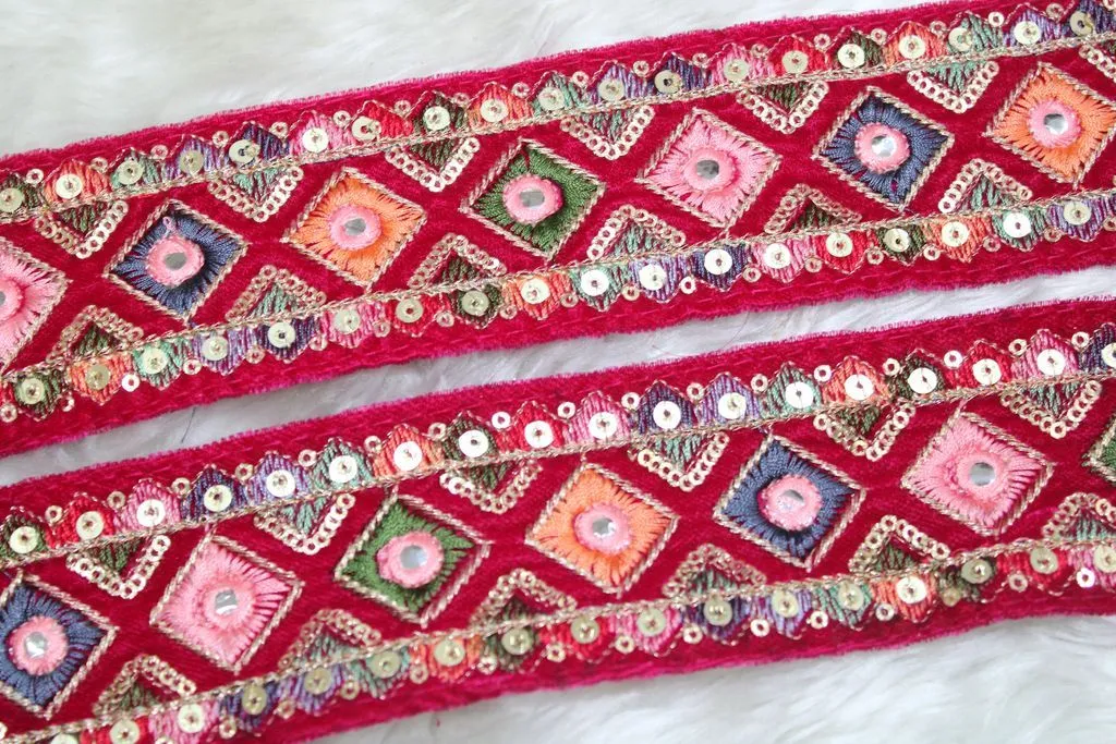 Pink Multicolour Thread and Sequins Work Embroidered Border