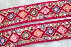 Pink Multicolour Thread and Sequins Work Embroidered Border