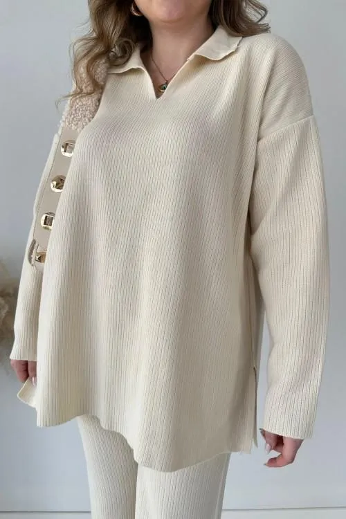 Polo Neck Knitwear Set Cream