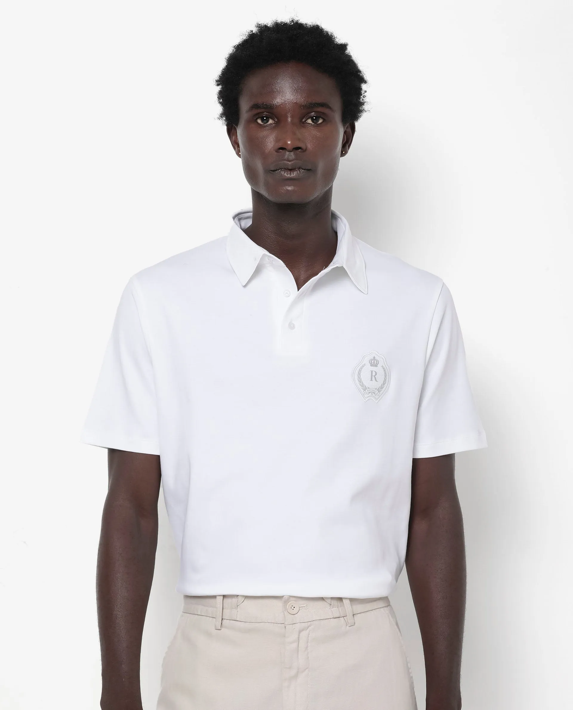 Rare Rabbit Men's Ritz White Cotton Fabric Short Sleeve Regular Fit Solid Polo T-Shirt