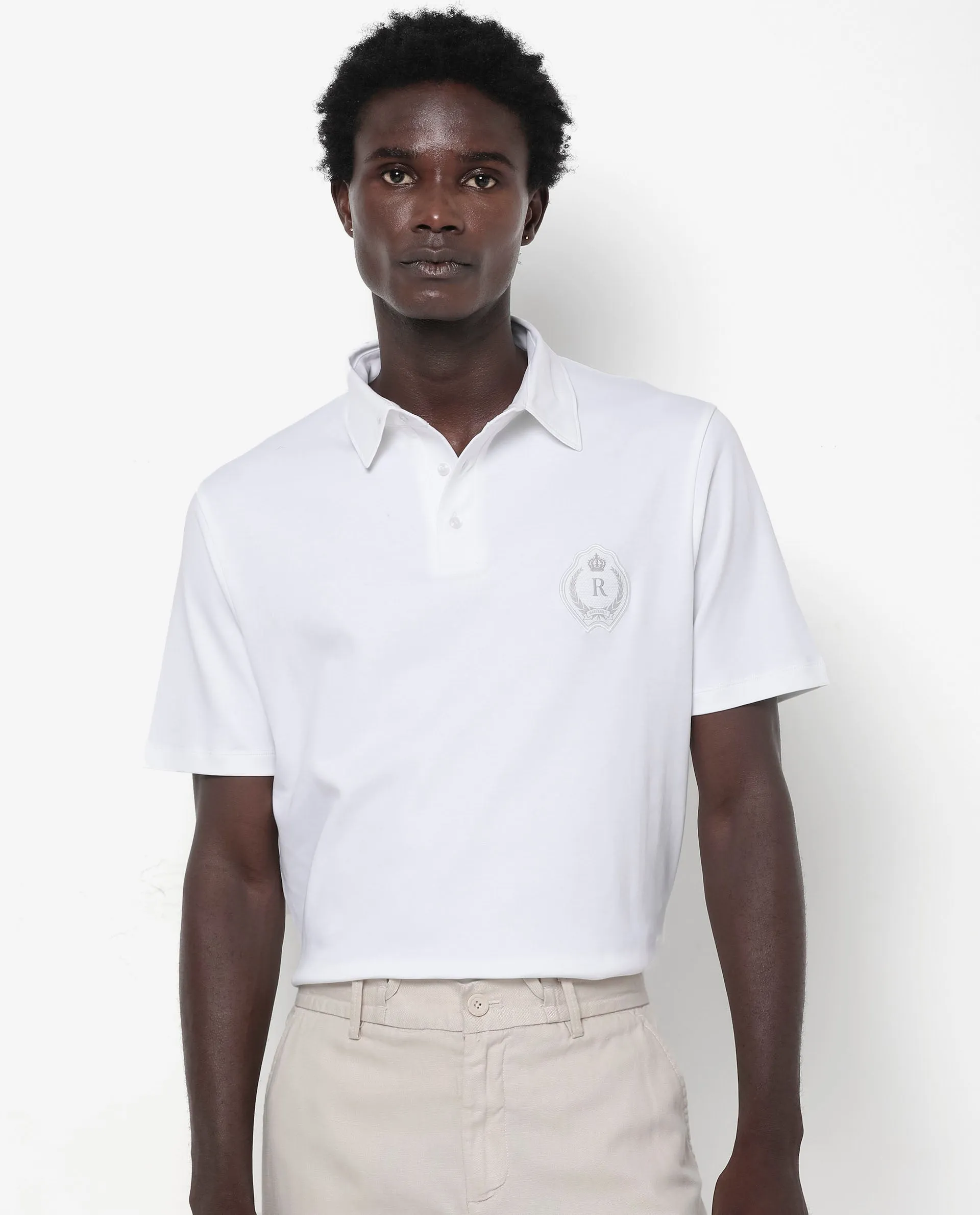 Rare Rabbit Men's Ritz White Cotton Fabric Short Sleeve Regular Fit Solid Polo T-Shirt