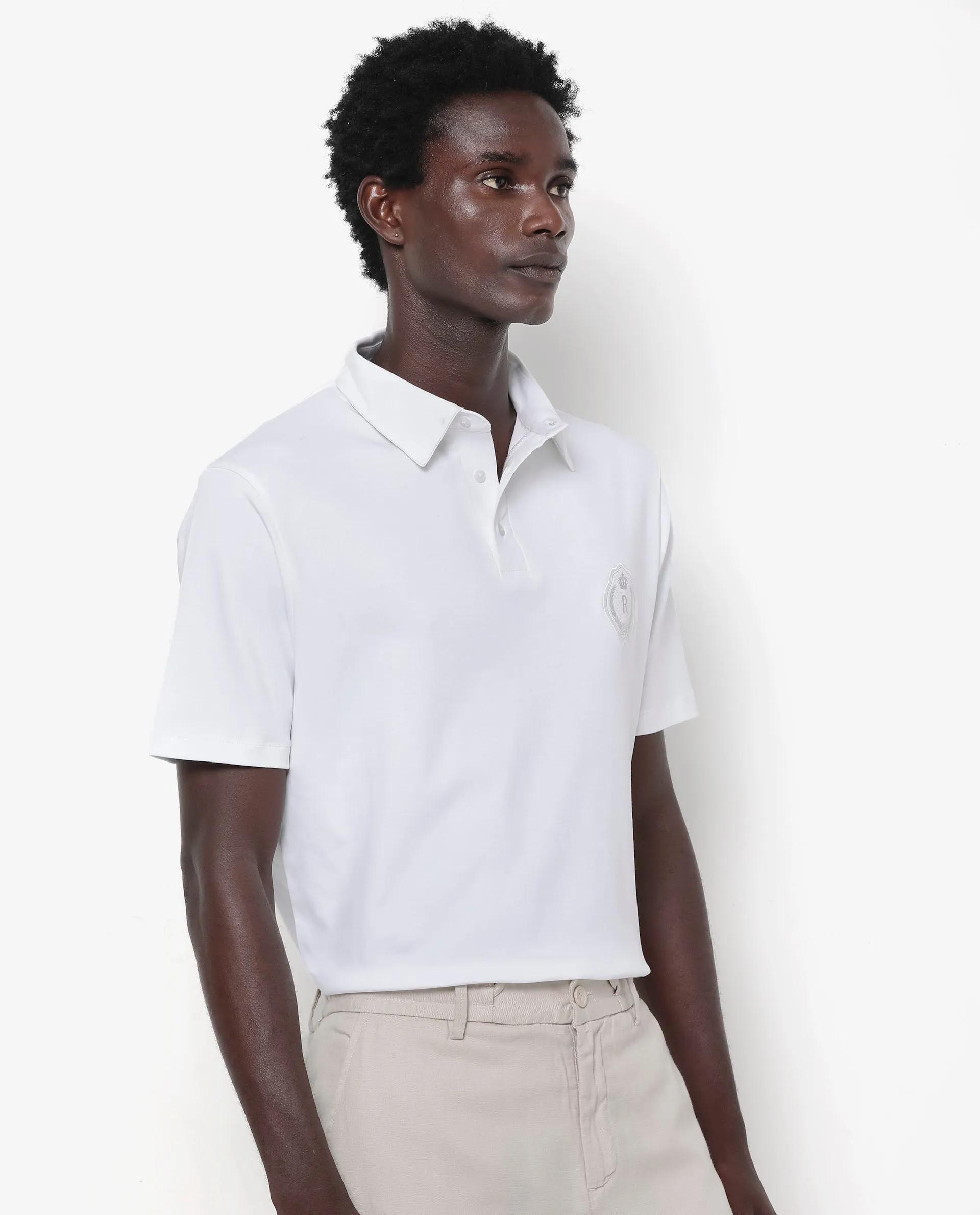 Rare Rabbit Men's Ritz White Cotton Fabric Short Sleeve Regular Fit Solid Polo T-Shirt