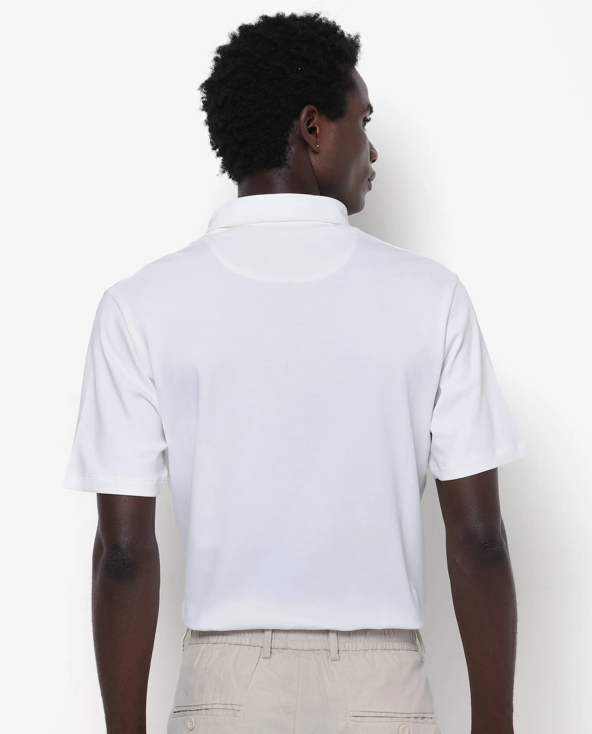 Rare Rabbit Men's Ritz White Cotton Fabric Short Sleeve Regular Fit Solid Polo T-Shirt