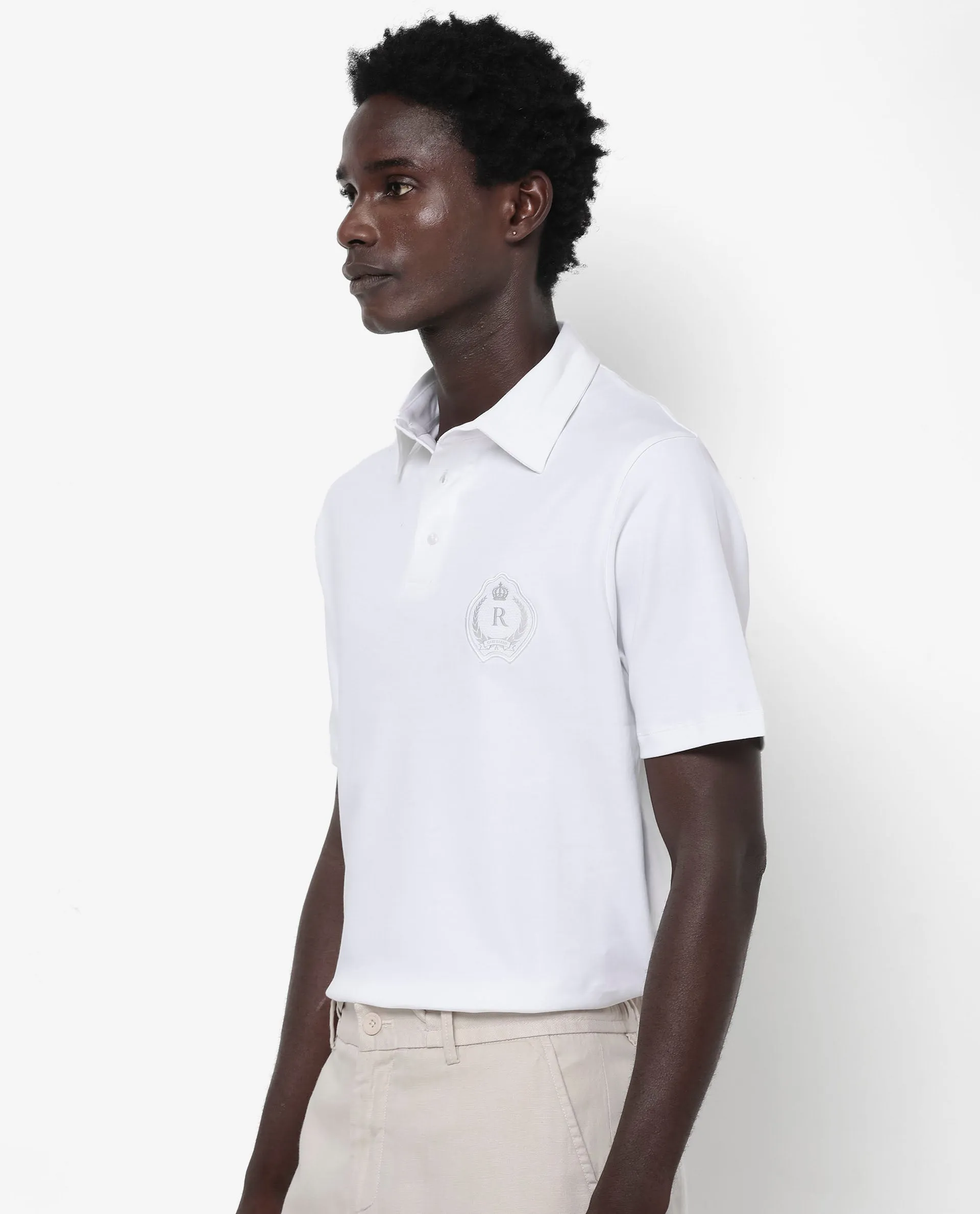 Rare Rabbit Men's Ritz White Cotton Fabric Short Sleeve Regular Fit Solid Polo T-Shirt