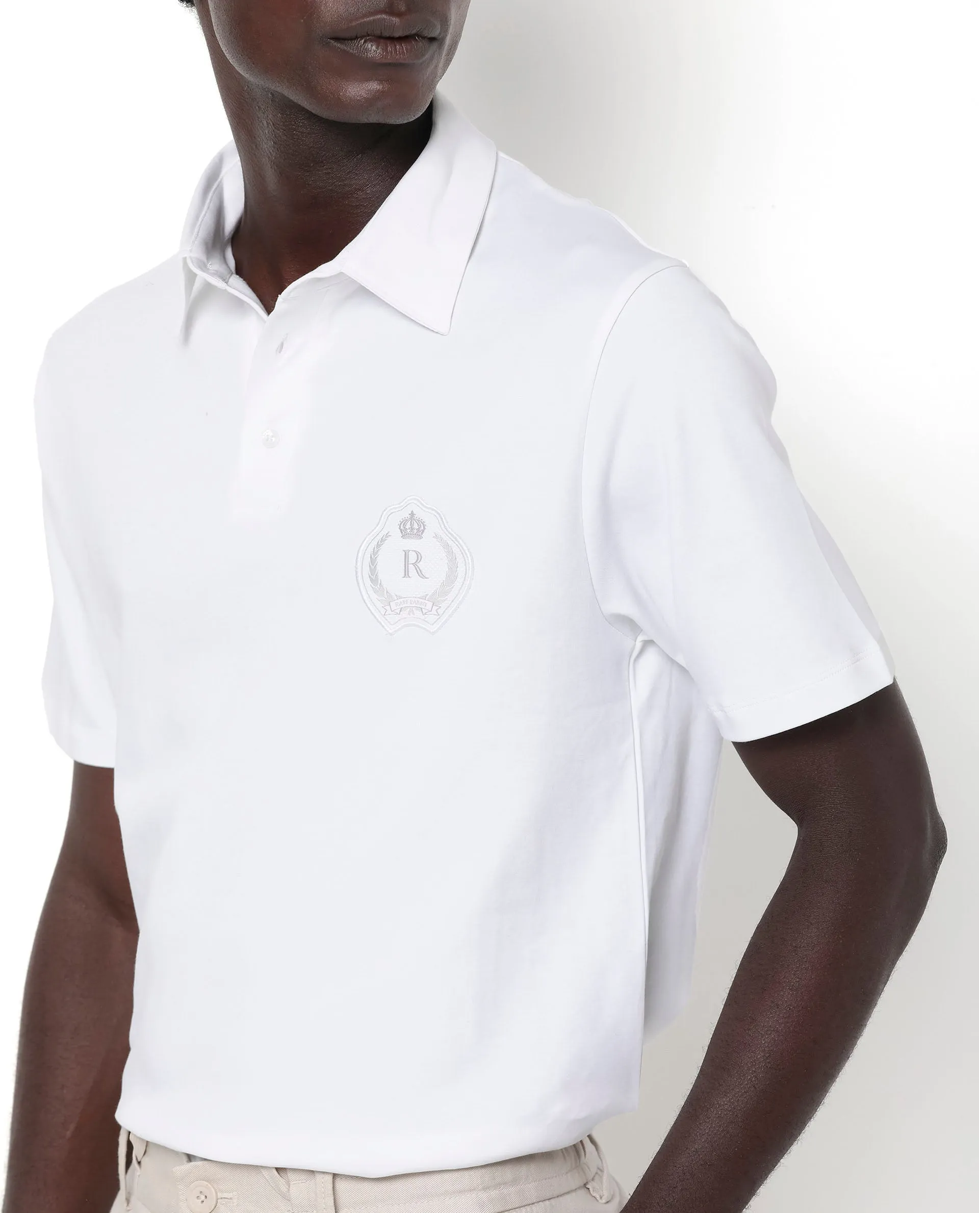 Rare Rabbit Men's Ritz White Cotton Fabric Short Sleeve Regular Fit Solid Polo T-Shirt