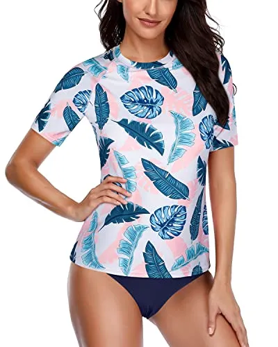 Rash Guard Set With High Waisted Bikini Bottom For Teen Girls-Blue Pink Leaves