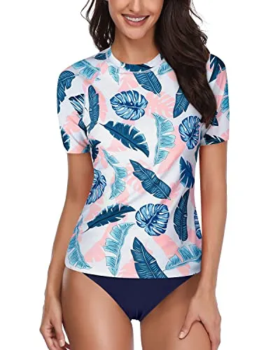 Rash Guard Set With High Waisted Bikini Bottom For Teen Girls-Blue Pink Leaves