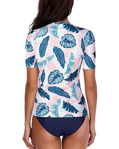 Rash Guard Set With High Waisted Bikini Bottom For Teen Girls-Blue Pink Leaves