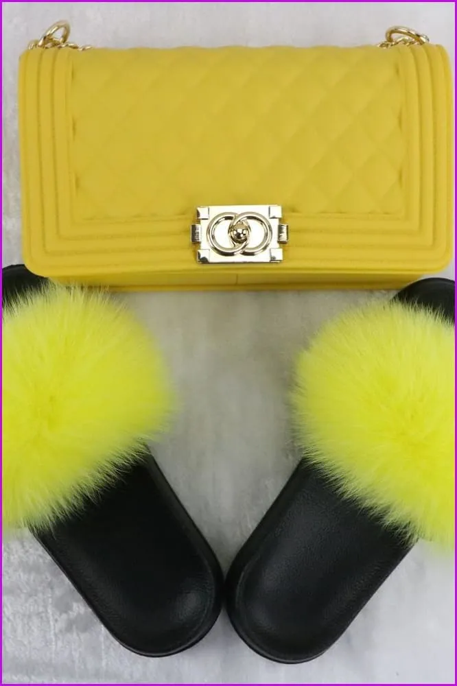 Ready Stock Yellow Fur Slides & Bag Set F735