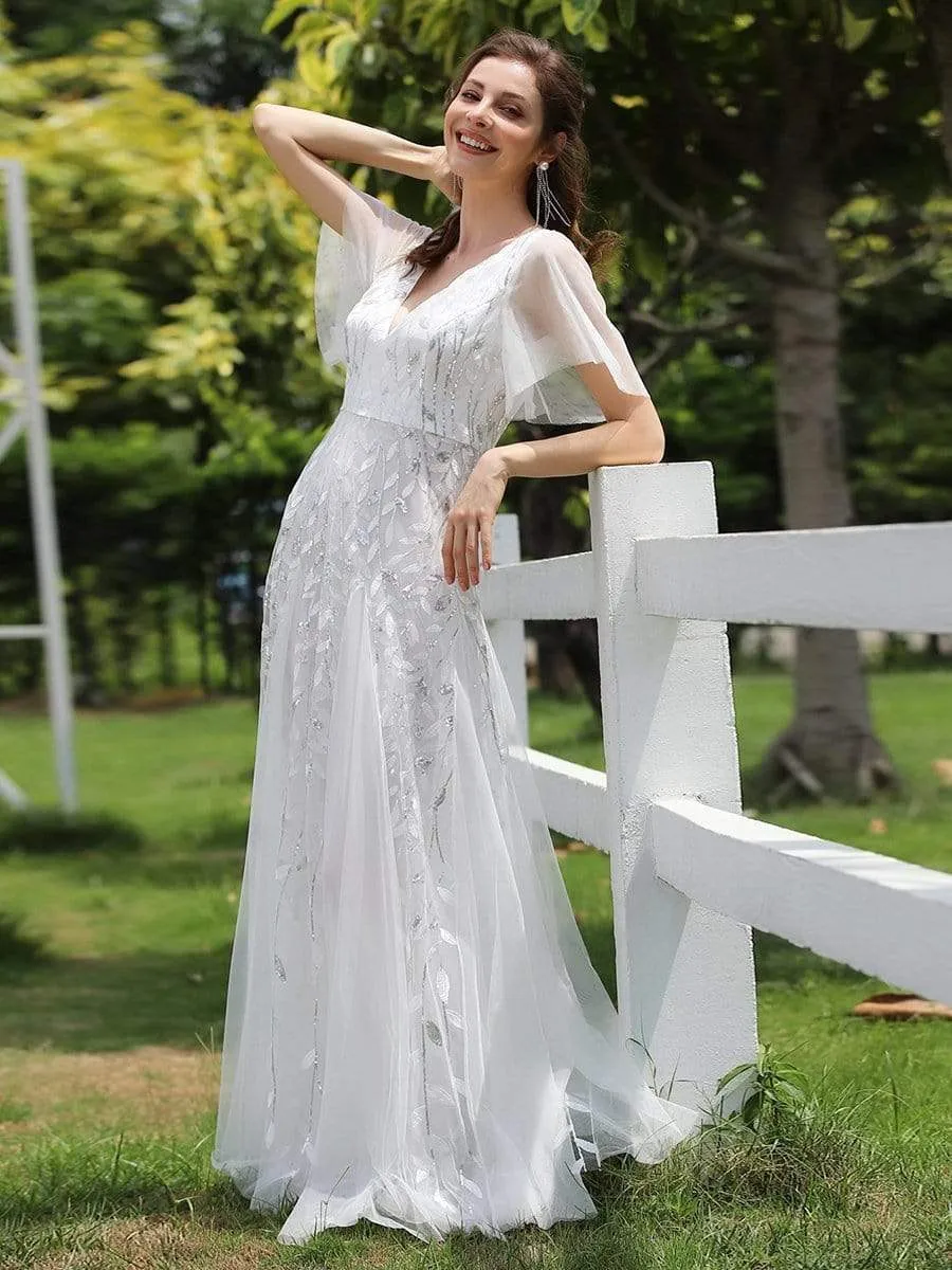 Romantic Shimmery V Neck Ruffle Sleeves Maxi Long Evening Gowns