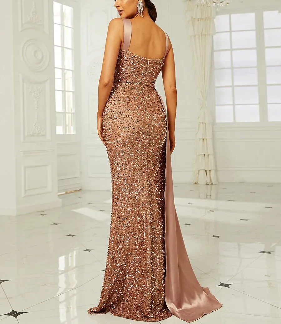 Sequins Suspender Evening Dress with High Slit