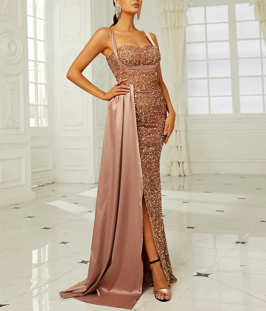 Sequins Suspender Evening Dress with High Slit