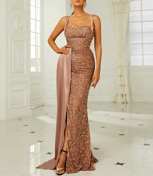 Sequins Suspender Evening Dress with High Slit
