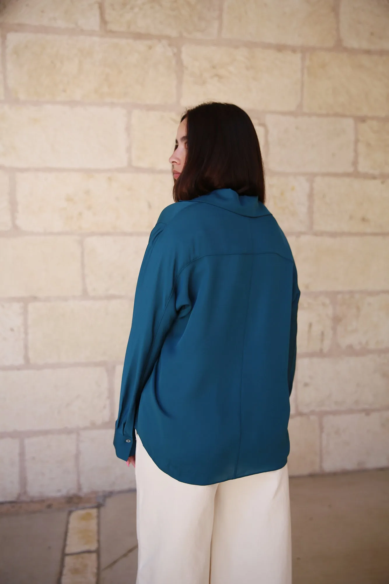 Silk Lapel Collar dolman Sleeve Blouse Blue Waltz
