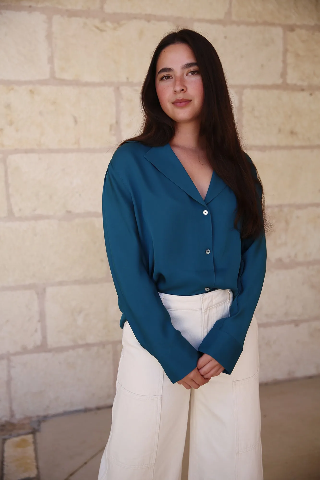 Silk Lapel Collar dolman Sleeve Blouse Blue Waltz