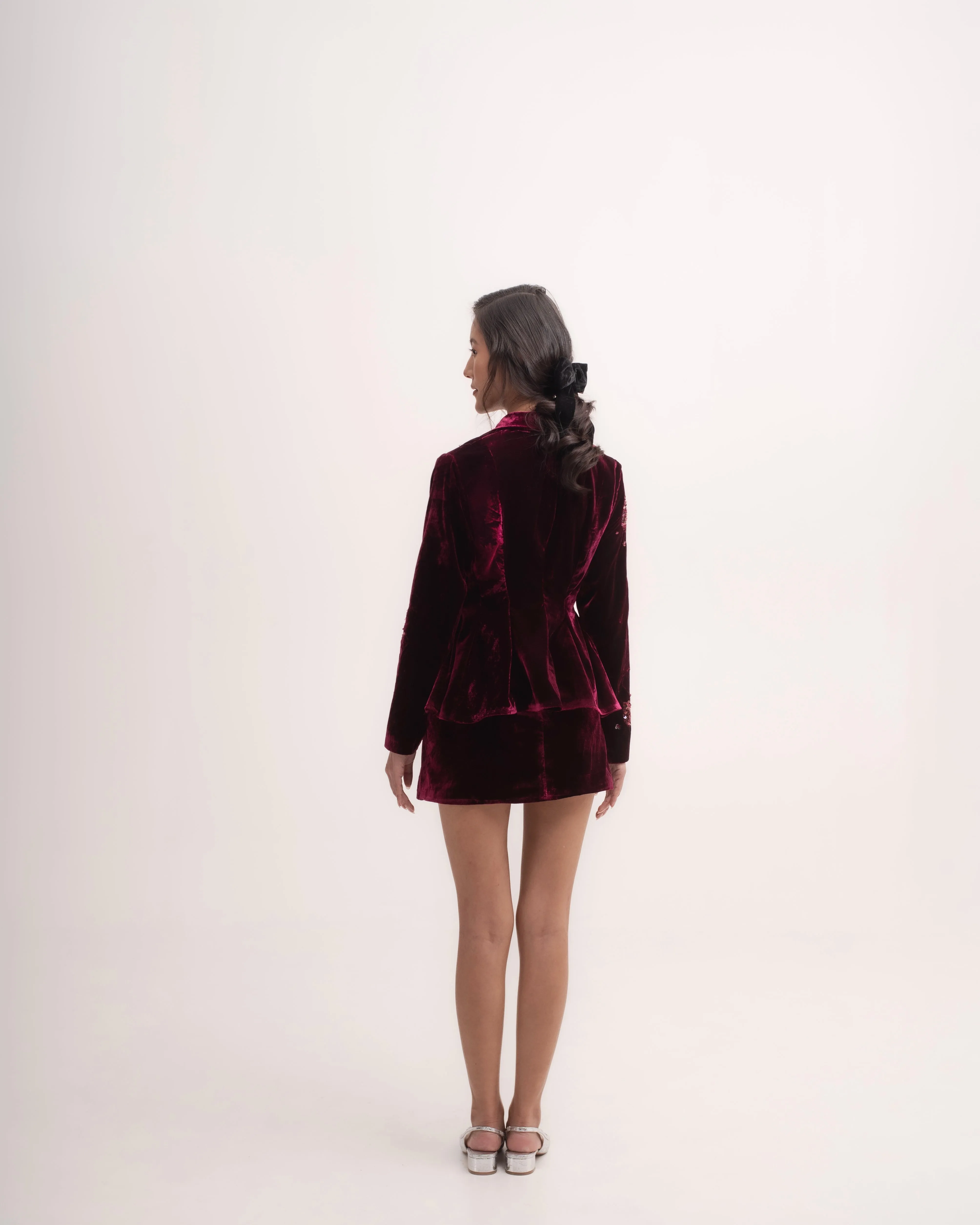 Silk-velvet peplum blazer with sequin embellishing