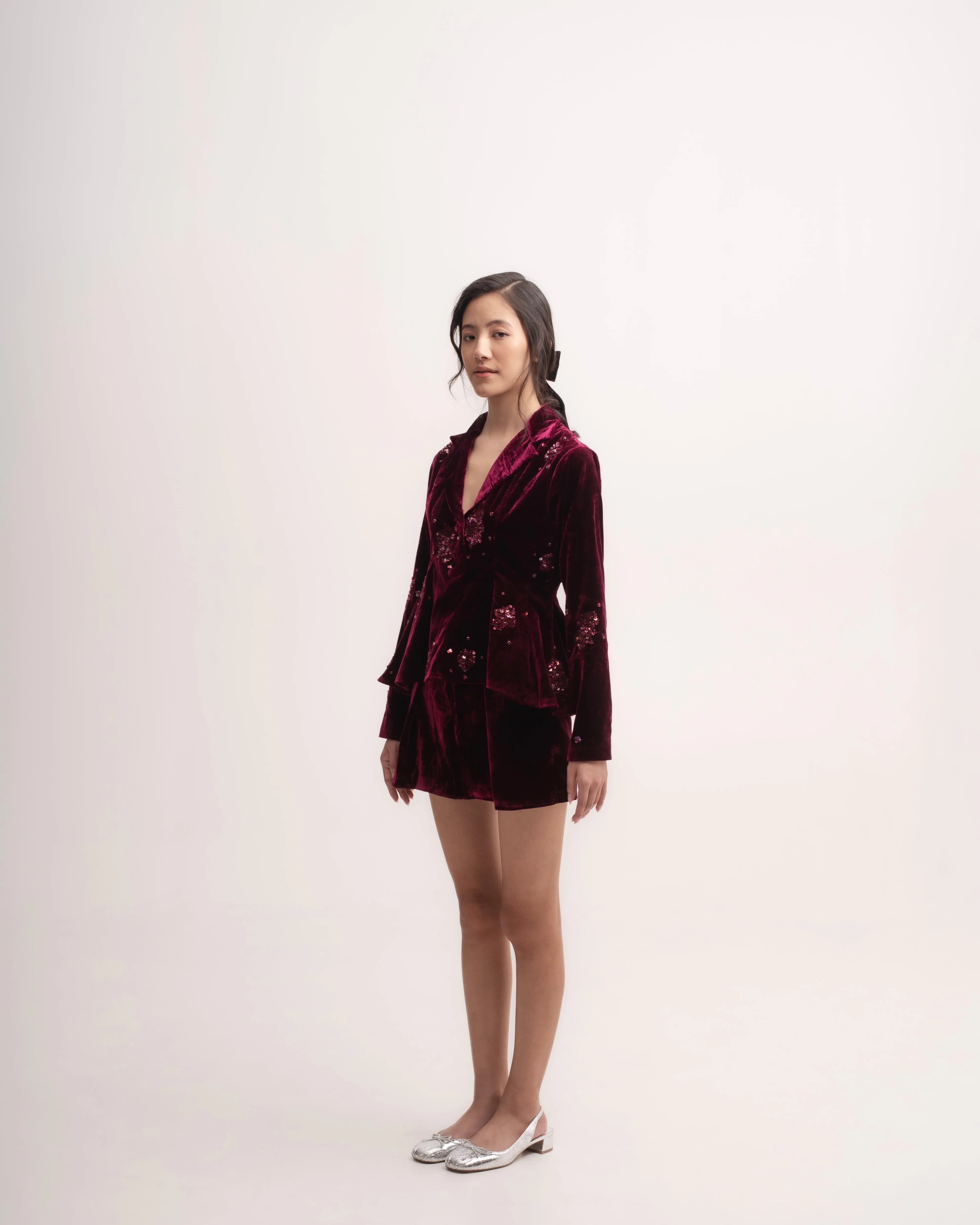 Silk-velvet peplum blazer with sequin embellishing