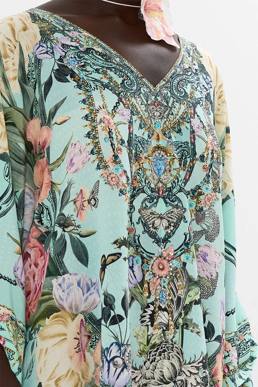 Tie Sleeve Short V-Neck Kaftan in Petal Promise Land