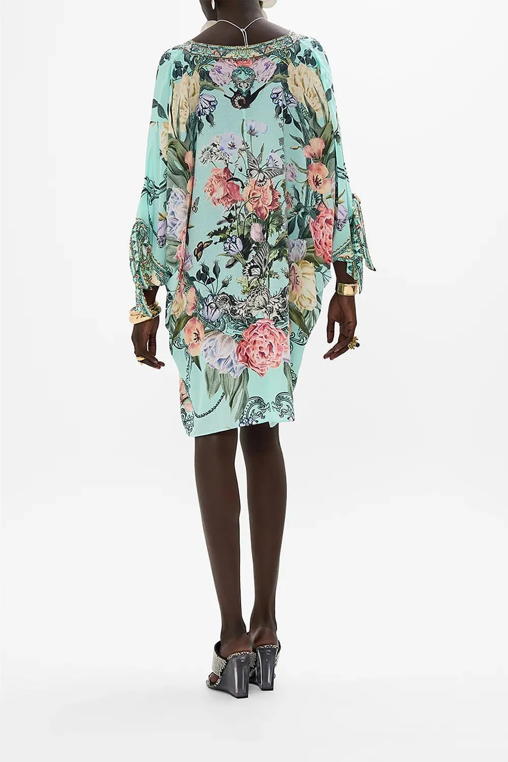 Tie Sleeve Short V-Neck Kaftan in Petal Promise Land