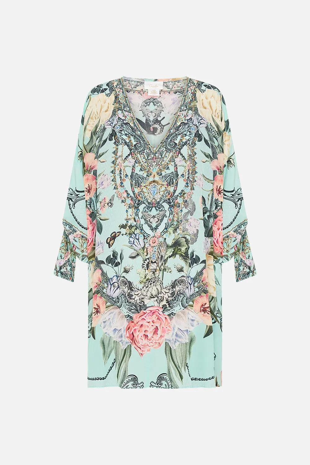 Tie Sleeve Short V-Neck Kaftan in Petal Promise Land