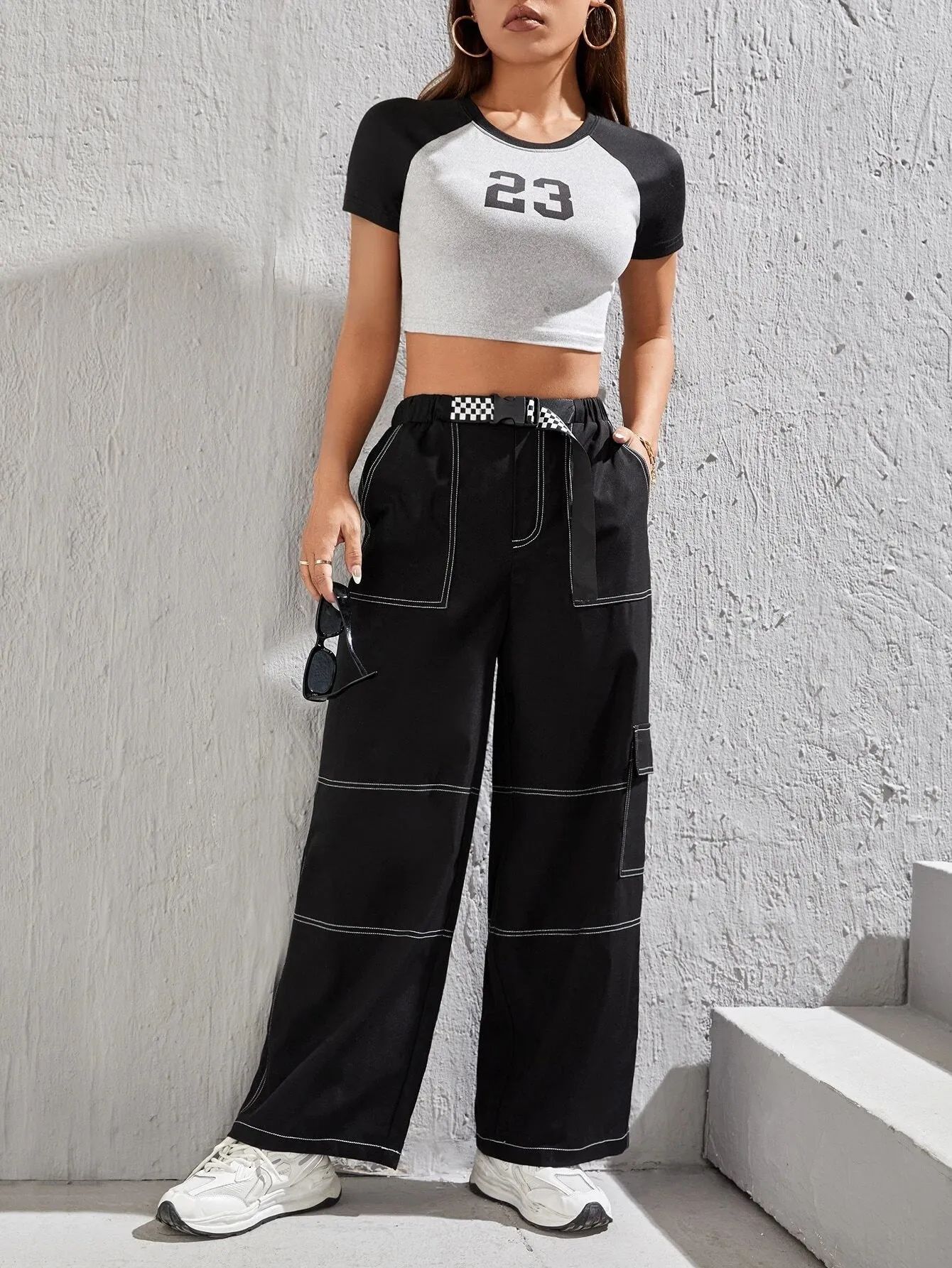 Top Stitching Flap Pocket Side Cargo Pants