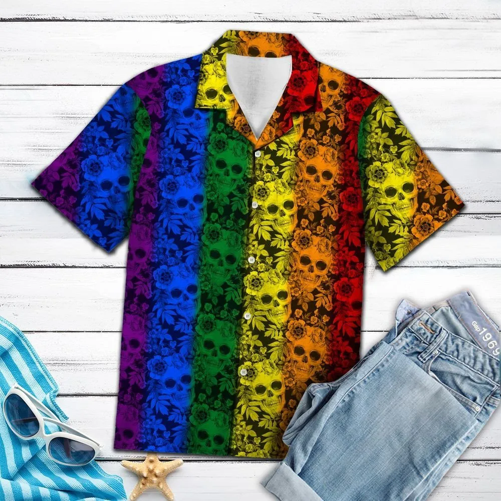 Tropical Plants And Skull Lgbt Color Striped Pattern Hawaiian Shirt, Gay Pride 3D Shirt