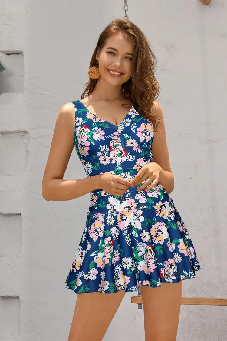V Neck Swimming Skirt Ruched Swim Dresses