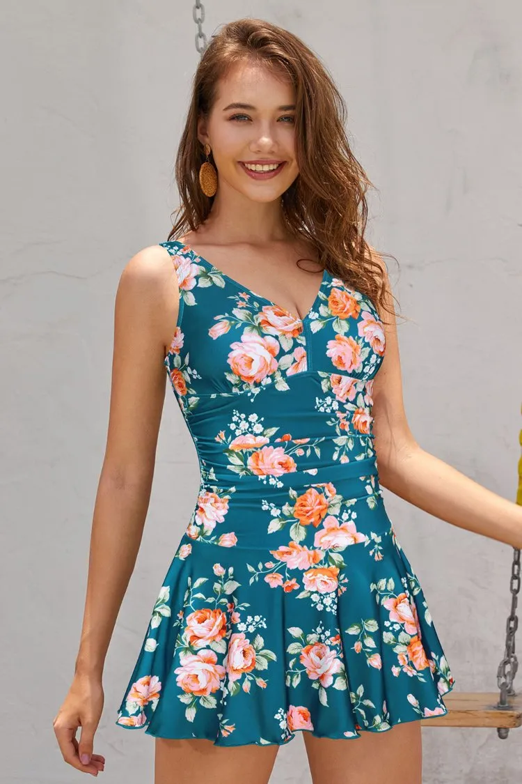 V Neck Swimming Skirt Ruched Swim Dresses