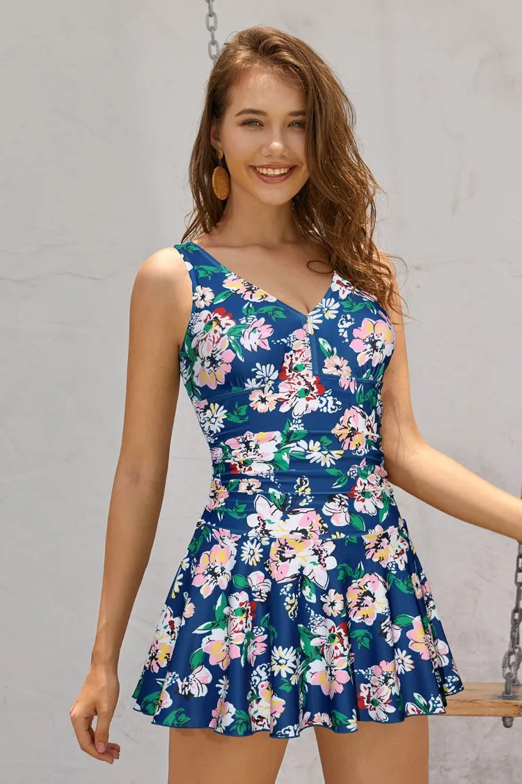 V Neck Swimming Skirt Ruched Swim Dresses
